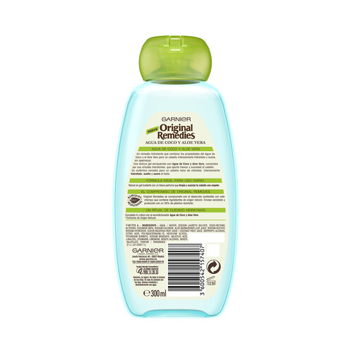 ORIGINAL REMEDIES Champú hidratante con agua de coco y aloe vera, para cabellos normales ORIGINAL REMEDIES de Garnier 300 ml.