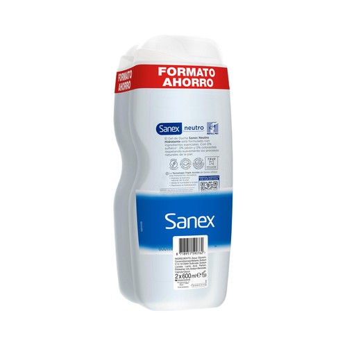 SANEX Sin neutro Gel para ducha o baño sin jabón, ni sulfatos, ni parabenos, para pieles normales 2 x 600 ml.
