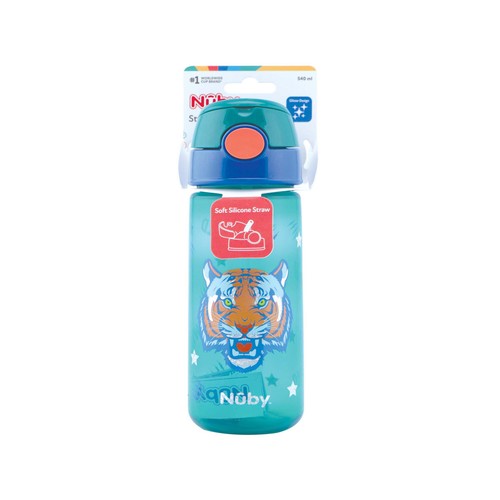 Taza con botón push y pajita para niños, estampado tigre, NUBY.