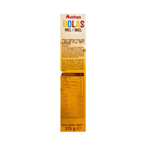 PRODUCTO ALCAMPO Cereales con forma de bola de maiz, trigo y avena con miel 375 g.