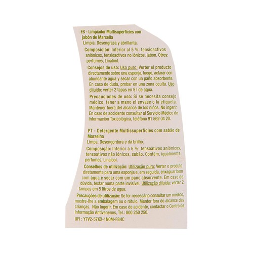 PRODUCTO ALCAMPO Limpiahogar multisuperficies con jabón de marsella 1,5 L.