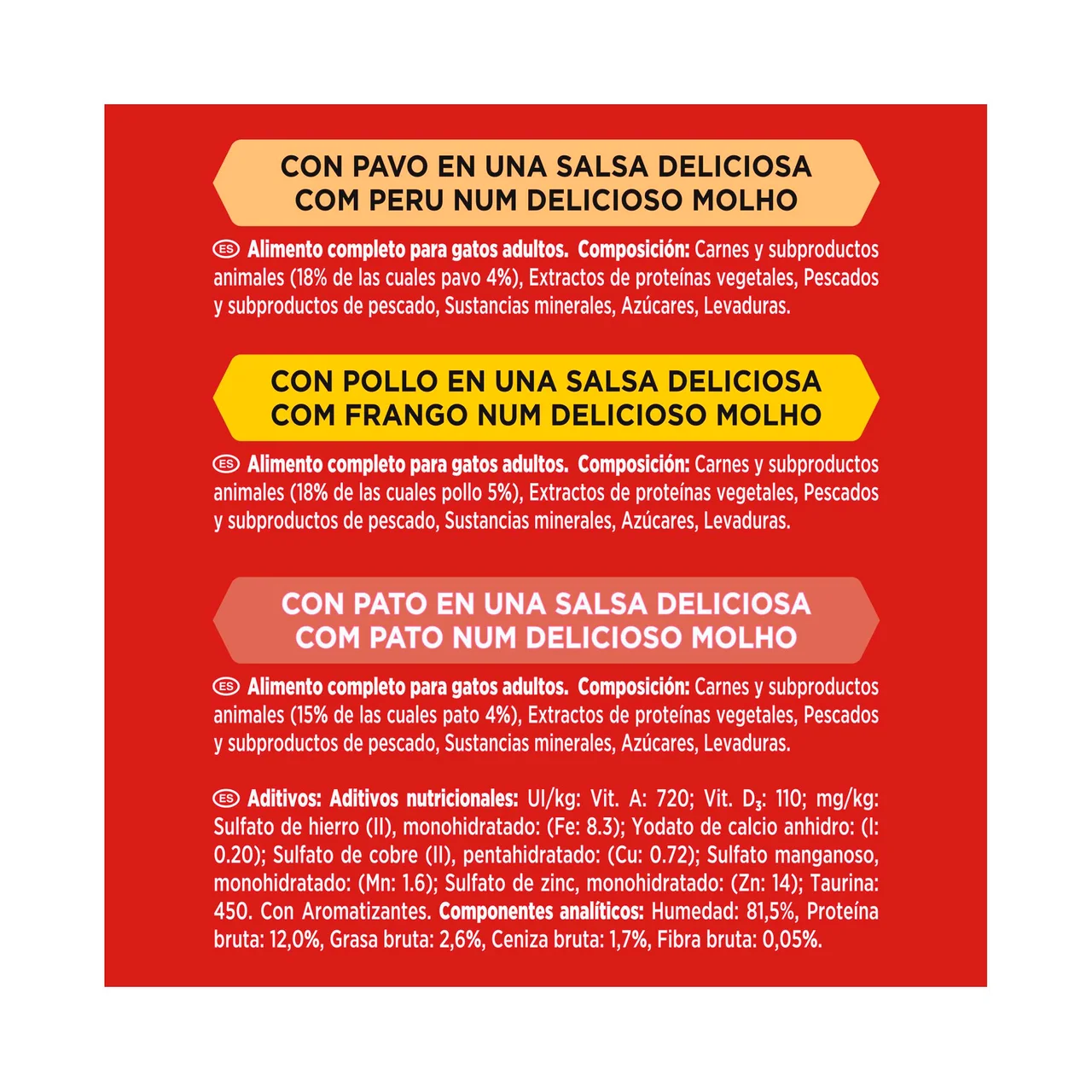 Comida para gatos adultos a base de pato, pollo y pavo 6 uds. 50 g.