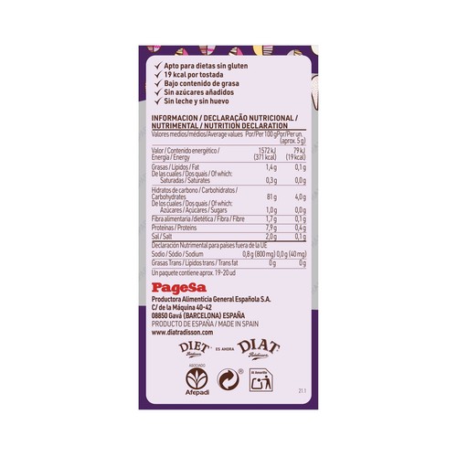 DIAT RADISSON Tostadas ligeras de arroz y quinoa sin gluten 100 g.