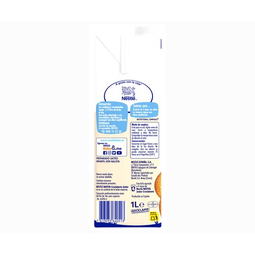 NATIVA Junior de Nestlé Leche de crecimiento con sabor a galleta Maria, a partir de 3 años 1 l.