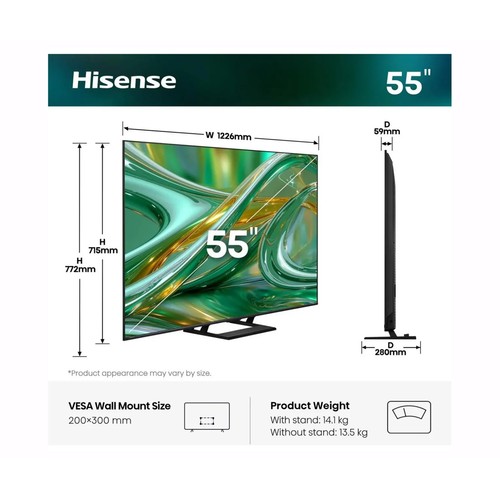 Televisión de 139,7 cm (55") QLED Miniled HISENSE 55E8S, 4K, VIDAA , 4HDMI, 2 USB, 144 Hz