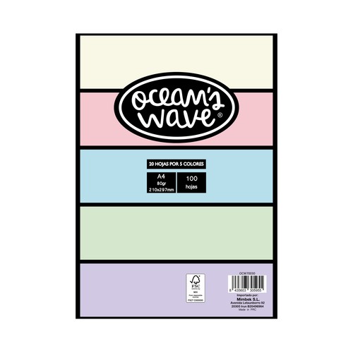 Folios de 5 colores pastel Din A4 80g, 100 hojas (20 hojas por color) OCEAN"S WAVE.