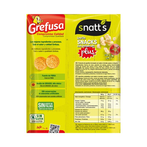 SNATT'S Snack patata horneado con sabor tomate con queso y orégano GREFUSA SNATT'S NATU CHIPS bolsa 85 g.