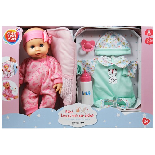 Muñeco Bebé con mochila portabebés y vestido extra 30cm, 6 piezas, modelos surtidos +2 Años ONE, TWO FUN