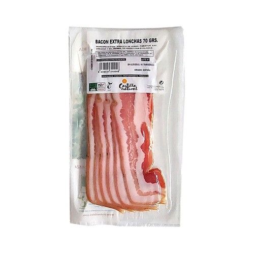 RAZA Y SABOR Castilla natural Bacon extra ecológico cortado en lonchas 70 g.