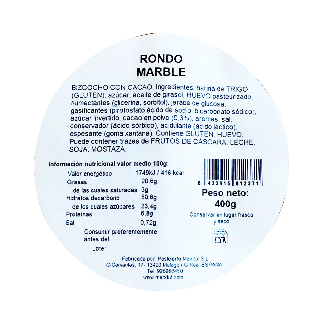 Bizcocho rondo marmol 400 g.