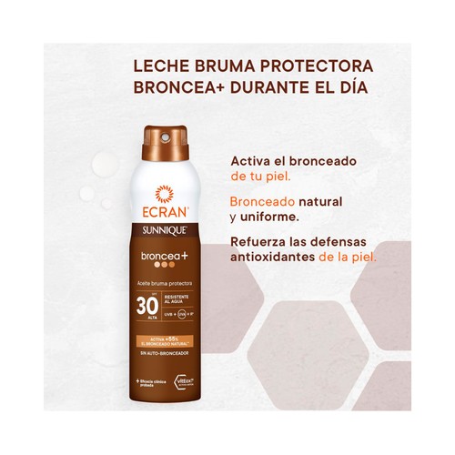 ECRAN Sunnique broncea + Aceite bruma solar en spray con acción protectora y FPS 30 (alto) 250 ml.