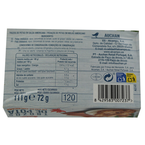 PRODUCTO ALCAMPO Trozos de pota en salsa Americana PRODUCTO ALCAMPO lata de 72 g.