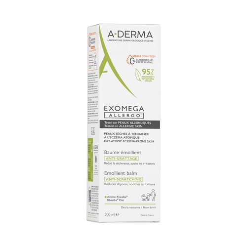 A.DERMA Exomega allergo Bálsamo emoliente  que alivia la sequedad y el enrojecimiento, para pieles secas con tendencia al eccema atópico 200 ml.