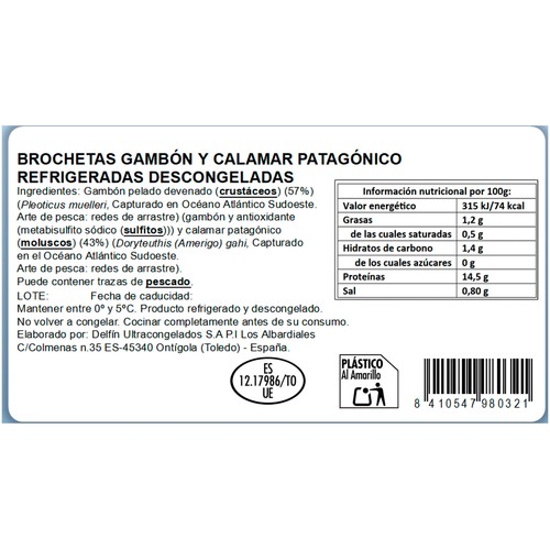 Brocheta de gambón y calamar, venta por unidad.