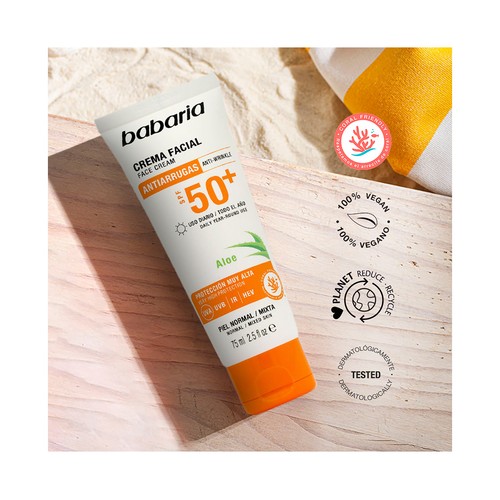 BABARIA Protector solar facial, anti polución y anti envejecimiento con FPS 50+ (muy alto) 75 ml.