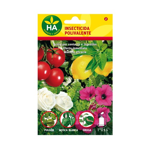 Caja de 20 mililitros de insecticida polivalente soluble HA-HUERTO Y JARDÍN.