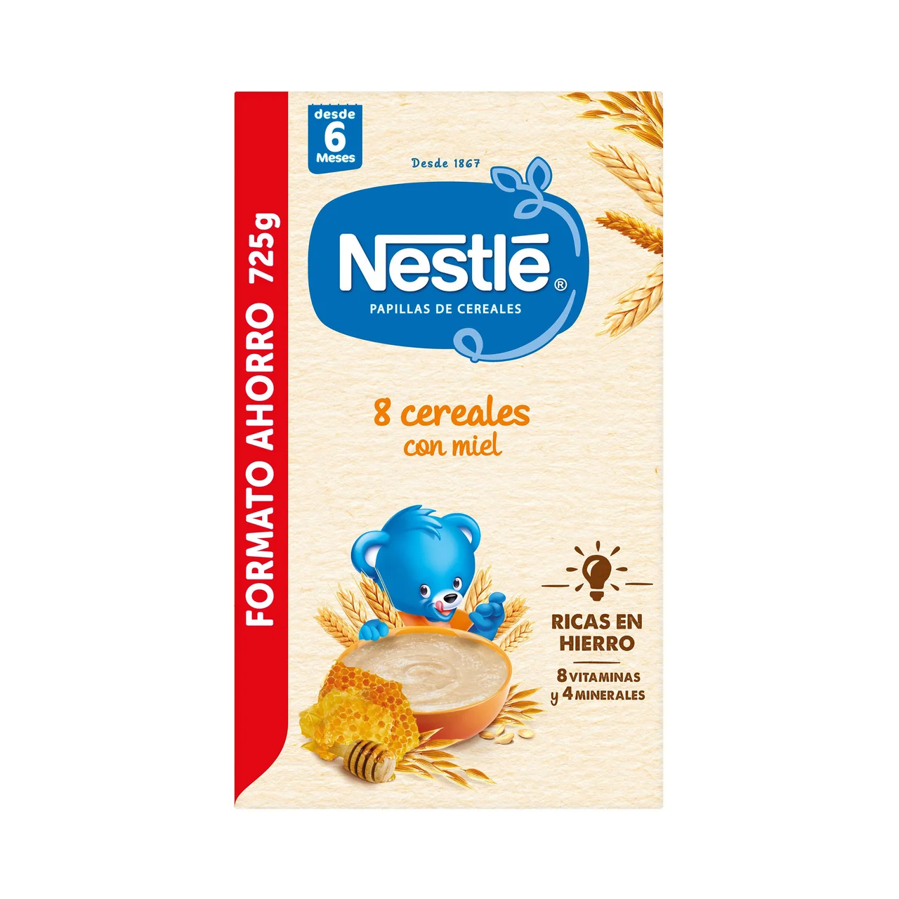 NESTLÉ Papilla de 8 cereales con miel, a partir de 6 meses NESTLÉ 725 g.