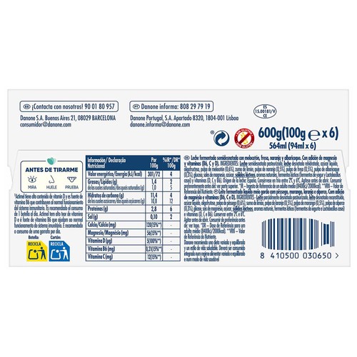 ACTIMEL + de Danone Leche fermentada con Lcasei y sabor a melocotón, fresa, naranja y albaricoque 6 x 100 g.
