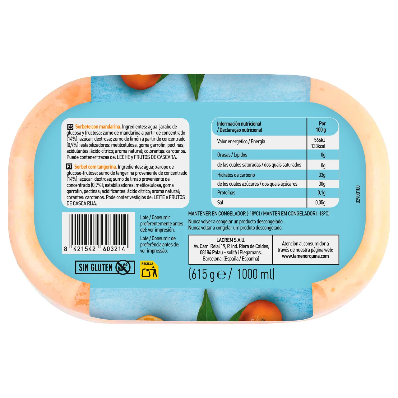 Tarrina de helado sabor sorbete de mandarina 1 l.