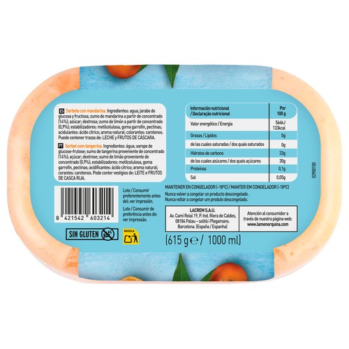 LA MENORQUINA Tarrina de helado sabor sorbete de mandarina 1 l.
