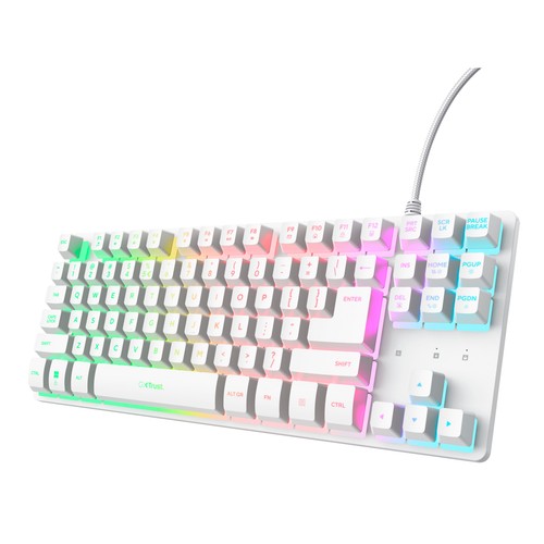 Teclado gaming TRUST Thado GXT 833W, formato TKL, color blanco, metálico, iluminación led, cable usb