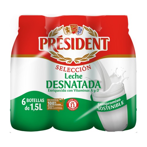 PRÉSIDENT Leche desnatada de vaca de origen 100% español 6 x 1.5 l.