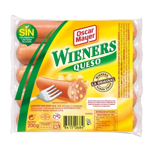 Salchichas cocidas de cerdo y pollo con queso fundido y sabor ahumado OSCAR MAYER Wieners 200 g.