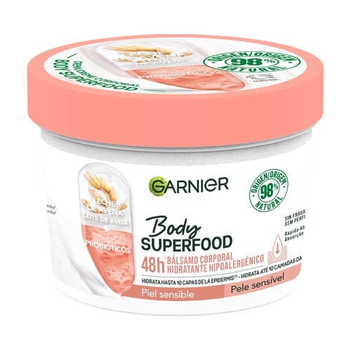 GARNIER Superfood Loción corporal hidratante con leche de avena, para pieles sensibles 400 ml.