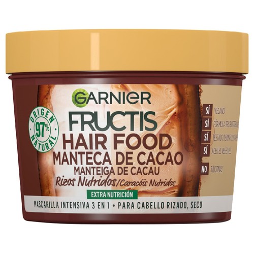 FRUCTIS Hair food de Garnier Mascarilla extra nutritiva con manteca de cacao, para cabello rizado, seco 390 ml.