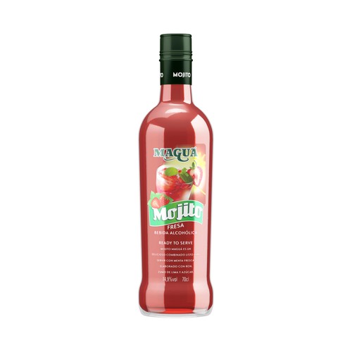 MAGUA Mojito de fresa (ron, zumo de lima, azucar, fresas y menta), listo para servir MAGUA botella de 70 cl.