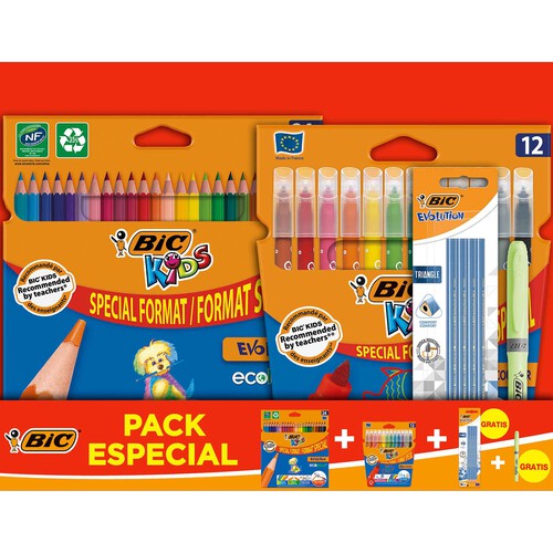 Pack de dibujo que incluye 24 lápices de colores + 12 rotuladores + 4 lápices de escribir + marcador fluor, BIC.