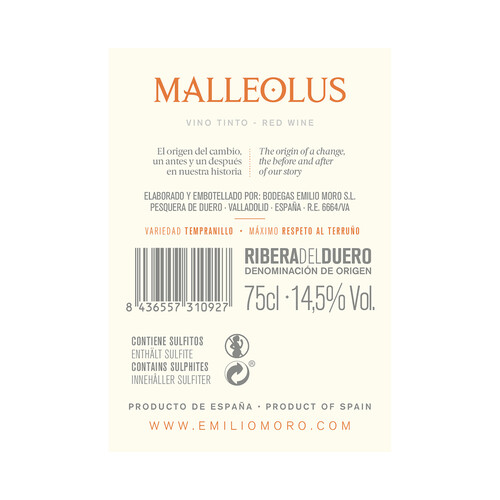 MALLEOLUS  Vino tinto crianza con D.O. Ribera del Duero botella de 75 cl.