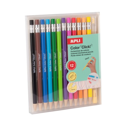 Pack de lápices 12 unidades, color Click surtidos con sacapuntas. APLI