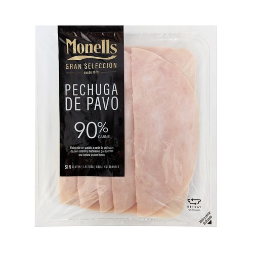 MONELLS Gran selección Pechuga de pavo (90% carne) cortada en lonchas 140 g.