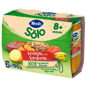 HERO Solo Tarrito de lentejas con verduritas (textura con trocitos), a partir de 8 meses 2 x 190 g.