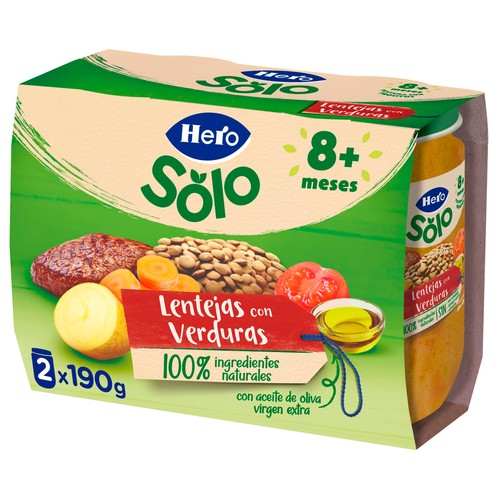 HERO Solo Tarrito de lentejas con verduritas (textura con trocitos), a partir de 8 meses 2 x 190 g.