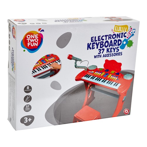 Teclado infantil con taburete, micrófono y accesorios, ONE TWO FUN ALCAMPO.