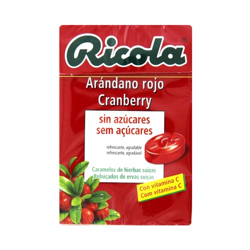 RICOLA Caramelos de hierbas suizas, sin azucares, con sabor a arándano rojo RICOLA 50 g.