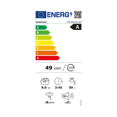 Lavadora WHIRLPOOL FFB 9469 WV SPT 9KG, clasificación energética: A, 1400RPM, H: 85cm, A: 60cm, F: 60cm.