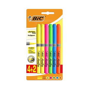 6 marcadores fluorescentes, punta biselada, grosor 1.6-3.4mm, varios colores BIC Briter liner grip.