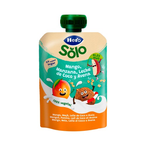 HERO Solo Bolsita (pouch) de fruta (mango, manzana) con leche de coco y avena, a partir 6 meses 100 g.