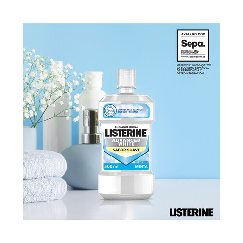 LISTERINE Enjuague bucal con acción blanqueadora y sabor suave a menta LISTERINE Advanced white 500 ml.