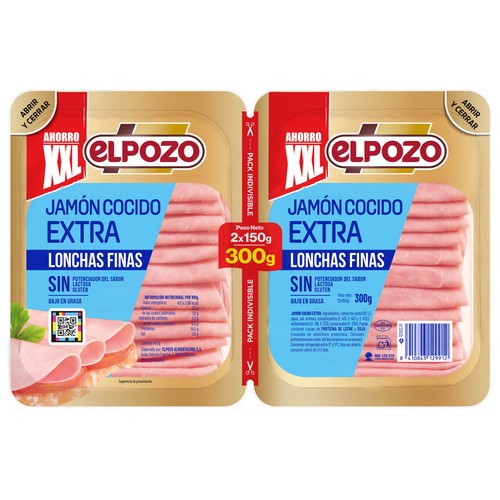 Jamón cocido extra, cortado en lonchas finas EL POZO 2 x 150 g.
