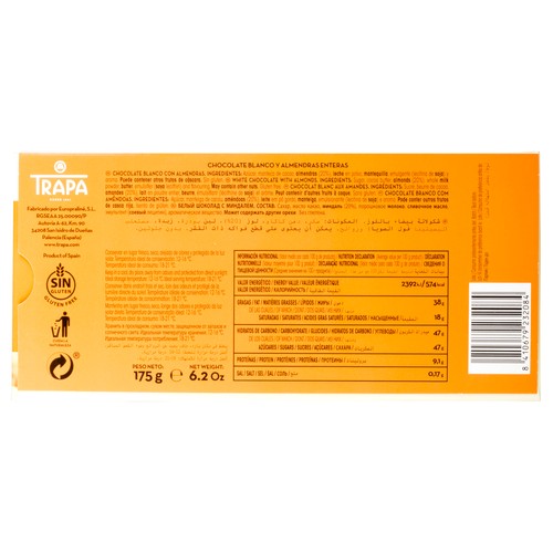 TRAPA Chocolate blanco con almendras enteras 175 g.