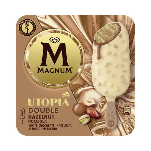 MAGNUM Utopia doble hazelnut de Frigo Helado de avellana, almendra y caramelo recubierto de chocolate blanco 3 x 85 ml.