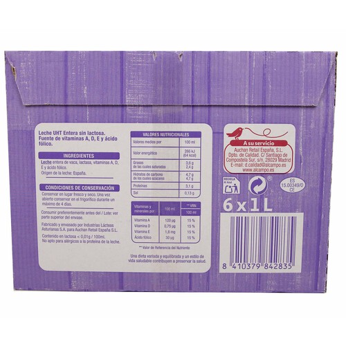 PRODUCTO ALCAMPO Leche entera de vaca, sin lactosa PRODUCTO ALCAMPO 6 x 1 l.