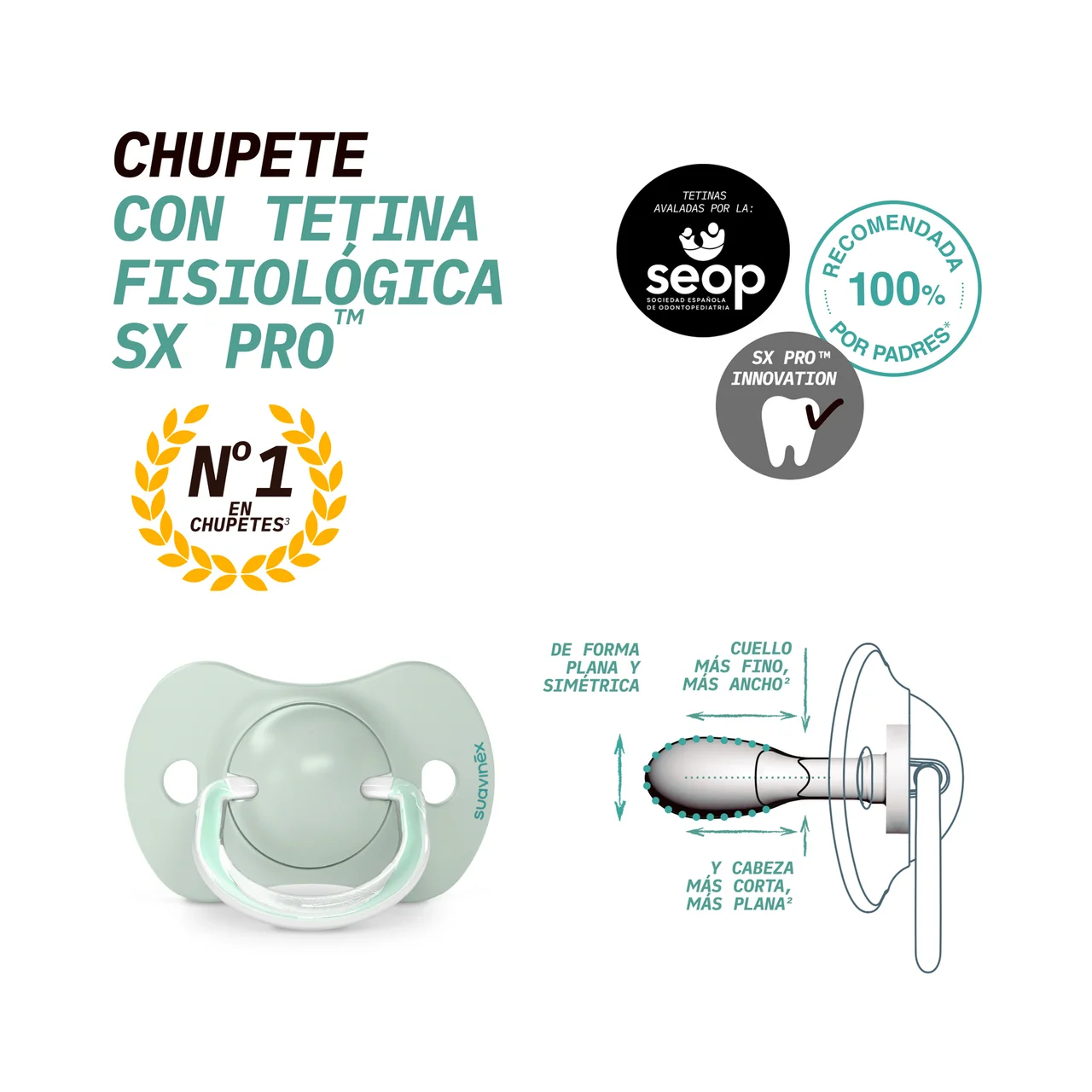 SUAVINEX Chupete fisiológico con tetina anatómica SX Pro (más plana y flexible), de 0 a 6 meses 2 uds.
