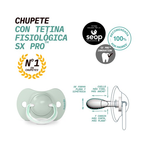 SUAVINEX Chupete fisiológico con tetina anatómica SX Pro (más plana y flexible), de 0 a 6 meses 2 uds.
