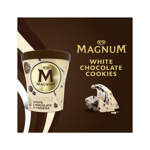 MAGNUM Tarrina de helado crema de nata con salsa de galleta al cacao, virutas de chocolate blanco y trozos de galleta MAGNUN Double 440 ml.
