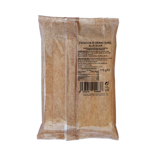 MININNI BUÉNE Focaccia de semola de trigo duro con aceitunas y AOVE 175 g.
